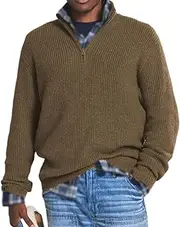 [HOCEDO] Men's Cashmere Business Casual Zip Sweater,Men's Turtleneck Sweater,Men's Turtleneck Knitted Sweater (Brown,X-Large)