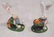 RESIN EASTER BUNNIES PUSHING CARTS FULL OF CARROTS POSABLE EARS - NEW!