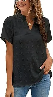 [Blooming Jelly] Womens White Chiffon Blouses Short Sleeve V Neck Shirts Summer Casual Polka Dot Tops