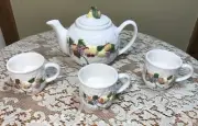 Vintage Small Ceramic Teapot W/ 3 Teacups White W/ Fruit Motif