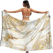 [XYMZR] Women's Sarong Swimsuit Coverups White Gold Marble Waves Chiffon Bikini Wraps Skirt with Tassels L
