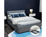 Double Size Gas Lift Storage Bed Frame Grey Linen Fabric Wooden Slats Sturdy