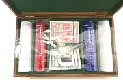 Vintage Poker Box Wooden Casino Travel Set with Cards, Dice & Chips Gambling Kit