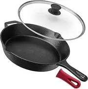 Pre-Seasoned Cast Iron Skillet (12-Inch) with Glass Lid and Handle Cover Oven Safe Cookware - Heat-Resistant Holder - Indoor and Outdoor Use - Grill, Stovetop, Induction Safe