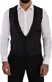 [Dolce & Gabbana] Black Striped Wool Silk Waistcoat Vest