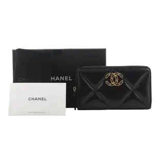 【CHANEL 香奈兒】Chanel 19系列小羊皮ㄇ型拉鍊中夾(黑色)/ 平行輸入