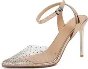 [Hykytyhk] Womens Rhinestone Pointed Toe Gold High Heel Sandals Crystal Transparent Ankle Strap Party Wedding Shoes