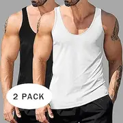 2PCs Men's Tank Top Undershirt Sleeveless Shirt Wife beater Shirt Sleeveless Deep U Scoop Neck Scoop Neck Summer Solid Color Plain Pit Strip Fashion Designer S