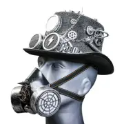Silver Steampunk Lightning Goggle Top Hat w/ Silver Gas Mask Halloween Costume