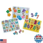 Melissa and Doug Disney Wooden Peg Puzzles Set: Letters, Numbers, and Shapes