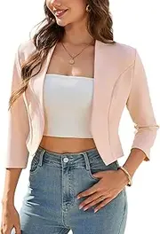 [YesFashion] Slim Fit Blazer Women's Elegant 3/4 Sleeve Blazer for Women No Buttons Short Jacket Women's Office Work