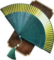 [LRHEAIN] Hand Held Fans, Chinease Japanese Folding Hand Fan Gold Gradient Silk Fabric Fans with Tassel for Wedding Party Dance Props Decoration,Green