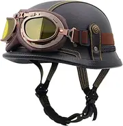 Leather Half Helmet with Yellow Goggles Vintage Motorcycle Half Shell Helmet Removable and Washable Liner Motorcycle Helmet for Adults Men Women DOT/ECE Approved