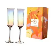 Wedding Champagne Flute Set, 2 Glasses for Bride and Groom, geometry rainbow