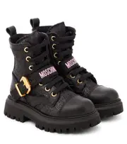 [Moschino Kids] Moschino Kids Logo leather-trimmed combat boots UK 7 black
