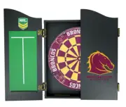 49651 BRISBANE BRONCOS NRL TEAM DART BOARD IN TIMBER CABINET W/SCORING BOARD