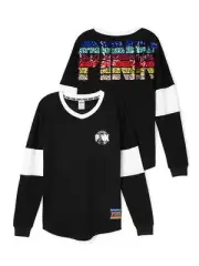 Victorias Secret Pink Sequins BLING Rainbow RETRO Varsity Crew Sweatshirt NWT S