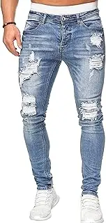 [Zylphorix] Men Stretch Mid Waist Ripped Denim Pant Casual Street Pencil Jeans with Holes Y2K Classic Skinny Motorbike Trousers, Light Blue5, 3X-Large