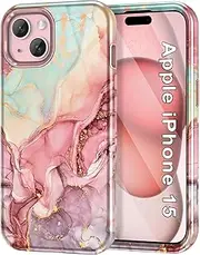 Btscase for iPhone 15 Case 6.1 inch (2023), Marble Pattern 3 in 1 Heavy Duty Shockproof Full Body Hard PC+Soft Silicone Drop Protective Women Girls Cover for iPhone 15, Rose Gold