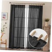 Black Sheer Curtains 2 Panels, Soft Linen Textured Window Drapes with Twine