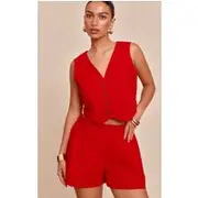 Tomato Red Linen Look Oversized Detail Floaty Short, Tomato Red
