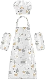 AIXIWAWA Kids Apron Chef Hat Set, Child Kitchen Bib Aprons Adjustable for Cooking Baking Painting (Line Dog Silhouettes)