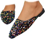 [ZJWBB] Women's Glitter Rhinestone Flat Mules Comfortable Soft Memory Foam Insole Cherry Pointed Rivet Mule Shoes