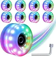 Light up Roller Skate Wheel 8 Pack Quad LED Indoor Outdoor Bearing Press Speed Skating Big Size Replacement Accessory Hockey Skateboard Luminous Glow Magnetic Tool Grip Spinner Rink Dark Street Women