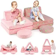 HONEY JOY Modular Kids Play Couch Set, 6 PCS Glow in The Dark Fold Out Children Sofa Couch Chair w/Machine-Washable Flannel Covers, Portable Handles, Convertible Toddler Foam Sofa for 3+ (Pink)