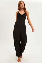 Black Wide Leg Jumpsuit Sleeveless Cowl Neck Satin - Size 10, Women's Jumpsuit