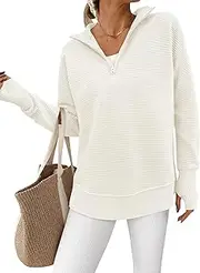 [PRETTYGARDEN] Womens Long Sleeve Quarter Zip Pullover Sweater Casual Loose V Neck Collared Ribbed Knit Jumper Tops Thumb Hole
