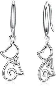 [Belons] Womens Earrings 925 Sterling Silver Cubic Zirconia Cat Drop Earrings Kitten Dangles for Ladies Girls, Silver/Champaign Gold