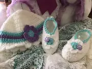 White & Turquoise Hand Crochet Hat & Booties, Size 9-12 Months
