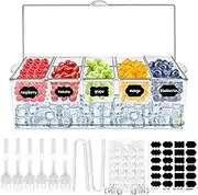 Ice Chilled Condiment Server Caddy, Bar Fruit Caddy with Lid and 5 Removable Compartments, Plastic Storage Food Container Clear Ice Condiment Serving Tray Container for Party, Toppings Bar Container