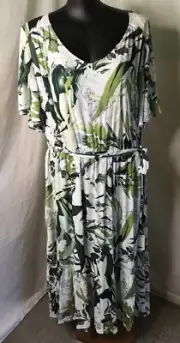 AUTOGRAPH GRREN & WHITE “BOTANICA” FLUTTER SLEEVE TIERED DRESS-SIZE 24 NEW STOCK