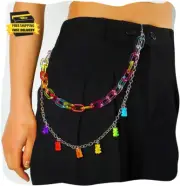 Punk Layered Jeans Chain Hip Hop Pant Paperclip Trousers Acrylic Gothic Pocket W