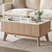 AUZONIMICS Lift Top Coffee Table with Faux Marble Tabletop,Mid Century Modern Coffee Table with Hidden Storage Compartment,Wooden Fluted Rising Pull up Table for Living Room, Office,Natural Oak