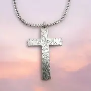 Hammered Cross Antique Silver Metal Finish Chain Necklace (C12CH) NWT