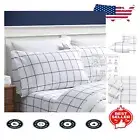 Crisp Cotton Percale Full Sheet Set - Nautical Windowpane in Plot Blue