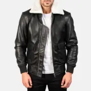 Men Black Leather Jacket Aviation White Fur AirForce Flight Flying Pilot Jacket