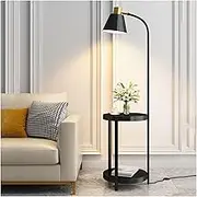 Modern Floor Lamp with Shelves, Mid Century Modern Standing Lamps, Rustic Side Table Lamp for Bedroom & Living Room Standing Light(Black)