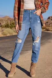 Cupshe Faded Whiskered Destroyed Denim Jeans - Blue,S