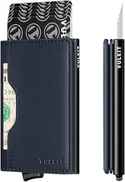 [VULKIT] Pop up Wallet Credit Card Holder with Leather Slots RFID Blocking Metlal Bank Card Case for Men or Women(Navy)