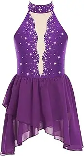 [Linjinx] Kids Girls Sparkly Figure Ice Skating Dress Sleeveless Rhinestone Ballet Dance Leotard Lyrical Dress Costume