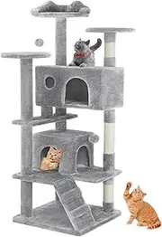 54-Inch Cat Tree Tower – Multi-Level with Sisal Scratching Post, Perfect Pet Gift, Indoor Condo with Climbing Ladder, Plush Toy, and More Animal Stuff, Light Grey