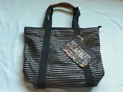 Bath & Body Works Black Gold Stripe Canvas Sparkle Zip VIP Tote Bag New NWT