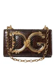 Dolce & Gabbana Python Leather Crossbody Phone Bag with Chain Strap Women Brown
