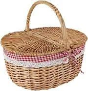 ＡＷＨＡＯ Wicker Picnic Basket, Rattan Storage, Serving Basket with Lid and Handle, Wicker, Woven Basket for Park Parties, Red White, Large