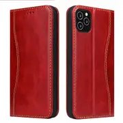 For iPhone 12 Pro/12 Case Red Fierre Shann Genuine Cowhide Leather Wallet Cover