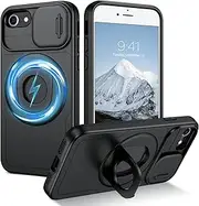 DOMAVER for iPhone SE 3/2 (2022/2020) Case, iPhone 8/ iPhone 7, Magnetic Rotatable Kickstand & Slide Camera Cover, [Compatible with MagSafe], Heavy Duty Case for iPhone SE 2022/ SE 2020/8/7, Black